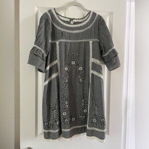 Free People Black and White Embroidered Babydoll Dress in Large